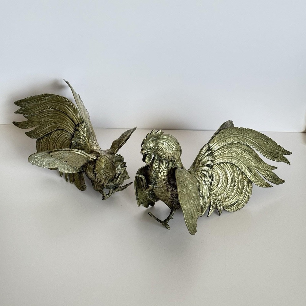 Large Vintage Italian Fighting Rooster Sculpture Pair Silver Plate Heavy Decor